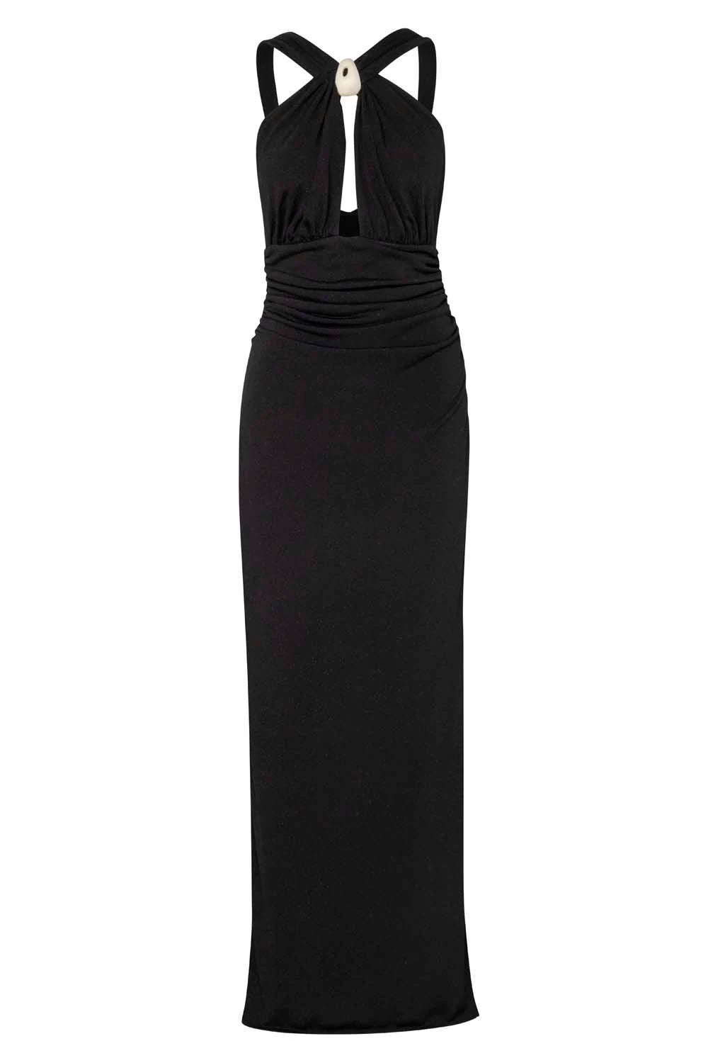 Vestido Giglio negro, vista frontal completa con fruncido en cintura y abertura lateral.