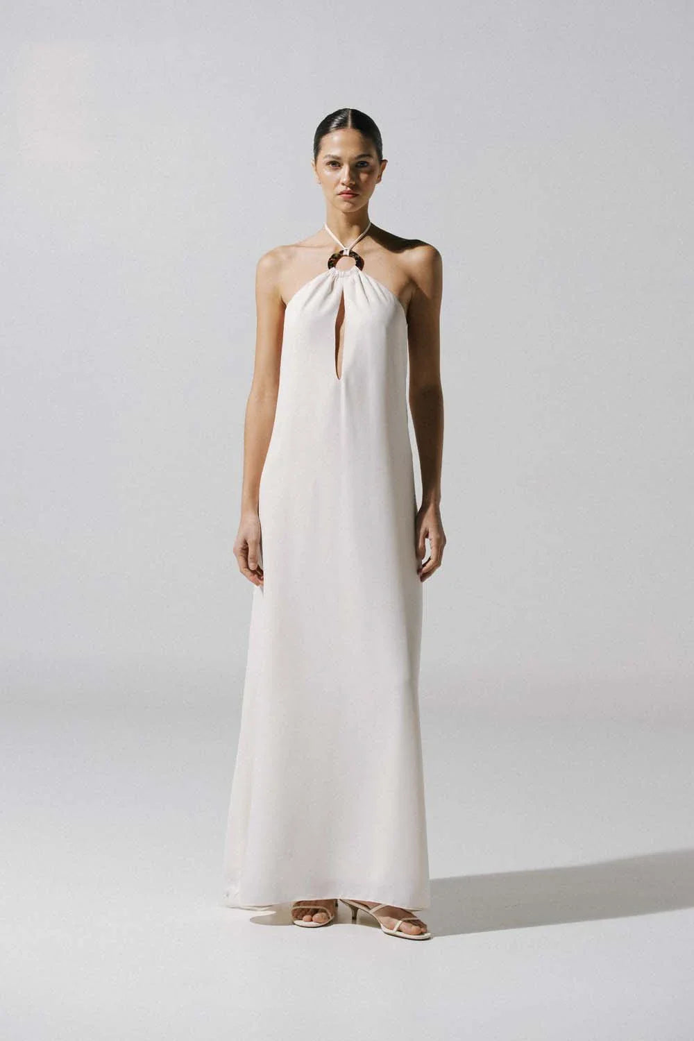 Vestido maxi de chiffon con hombros descubiertos y volantes Blanco