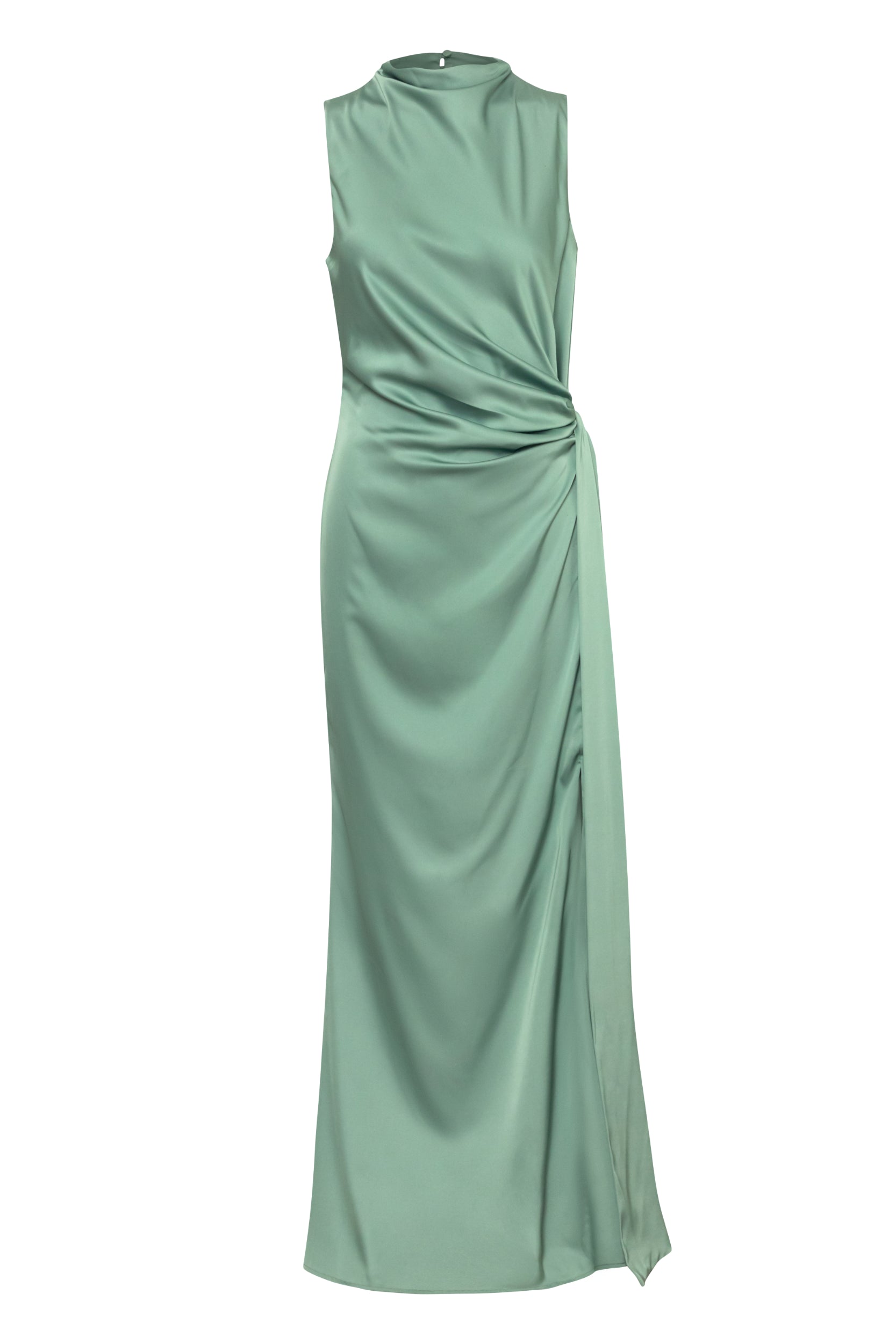 Baobab Vitto Maxi Dress color Jade de seda, vista frontal completa en fondo blanco.