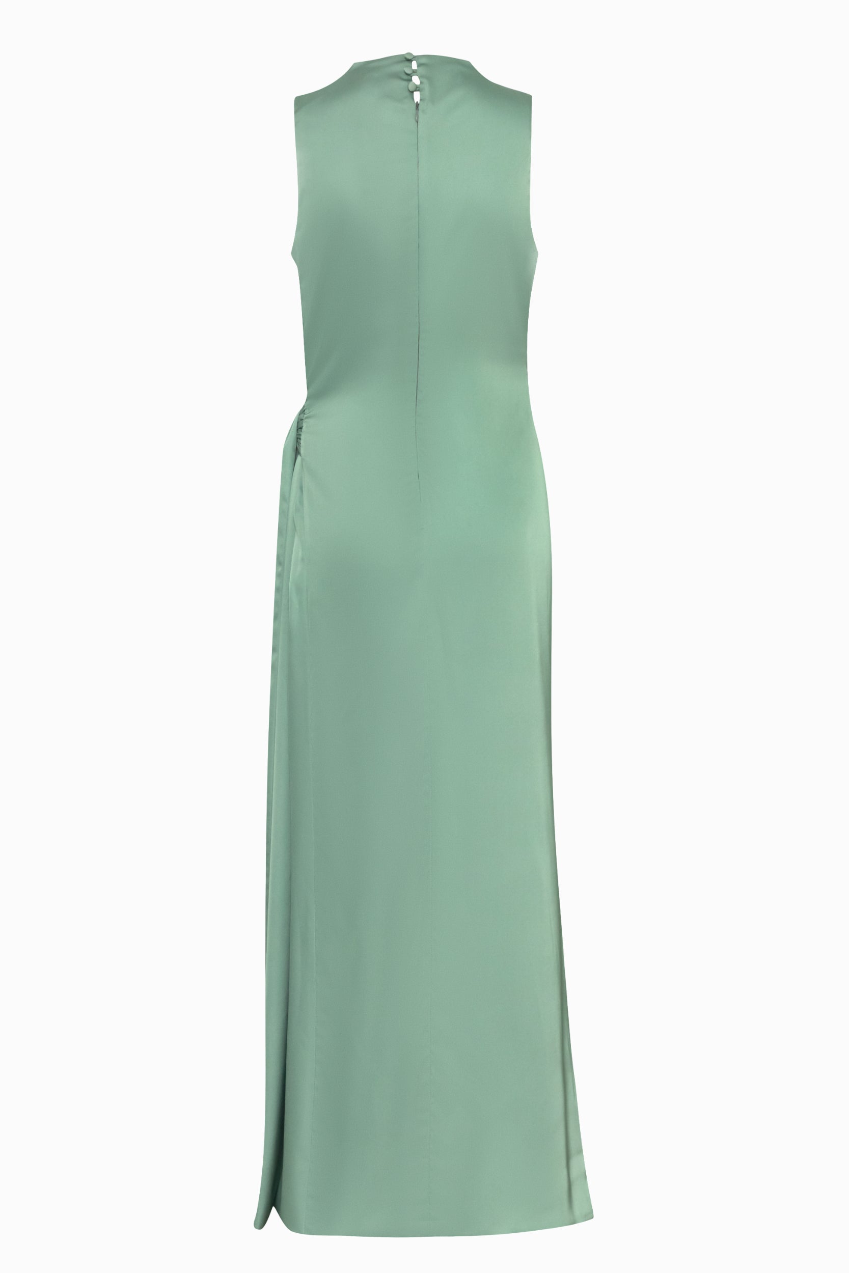 Vista trasera del Baobab Vitto Maxi Dress color Jade, mostrando la caída fluida de la seda.