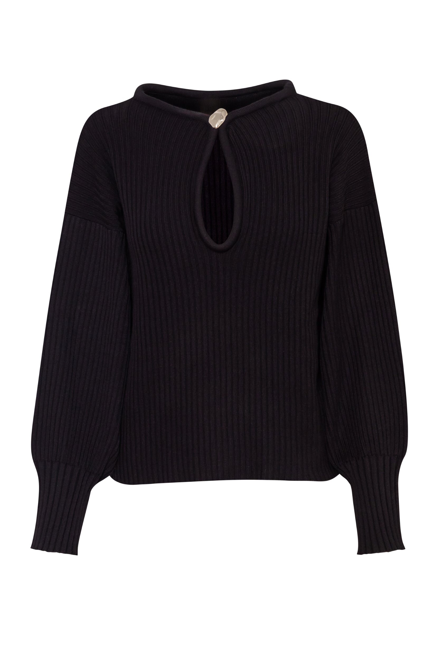 Sweater Akila negro, vista frontal con mangas largas y tejido de punto acanalado.