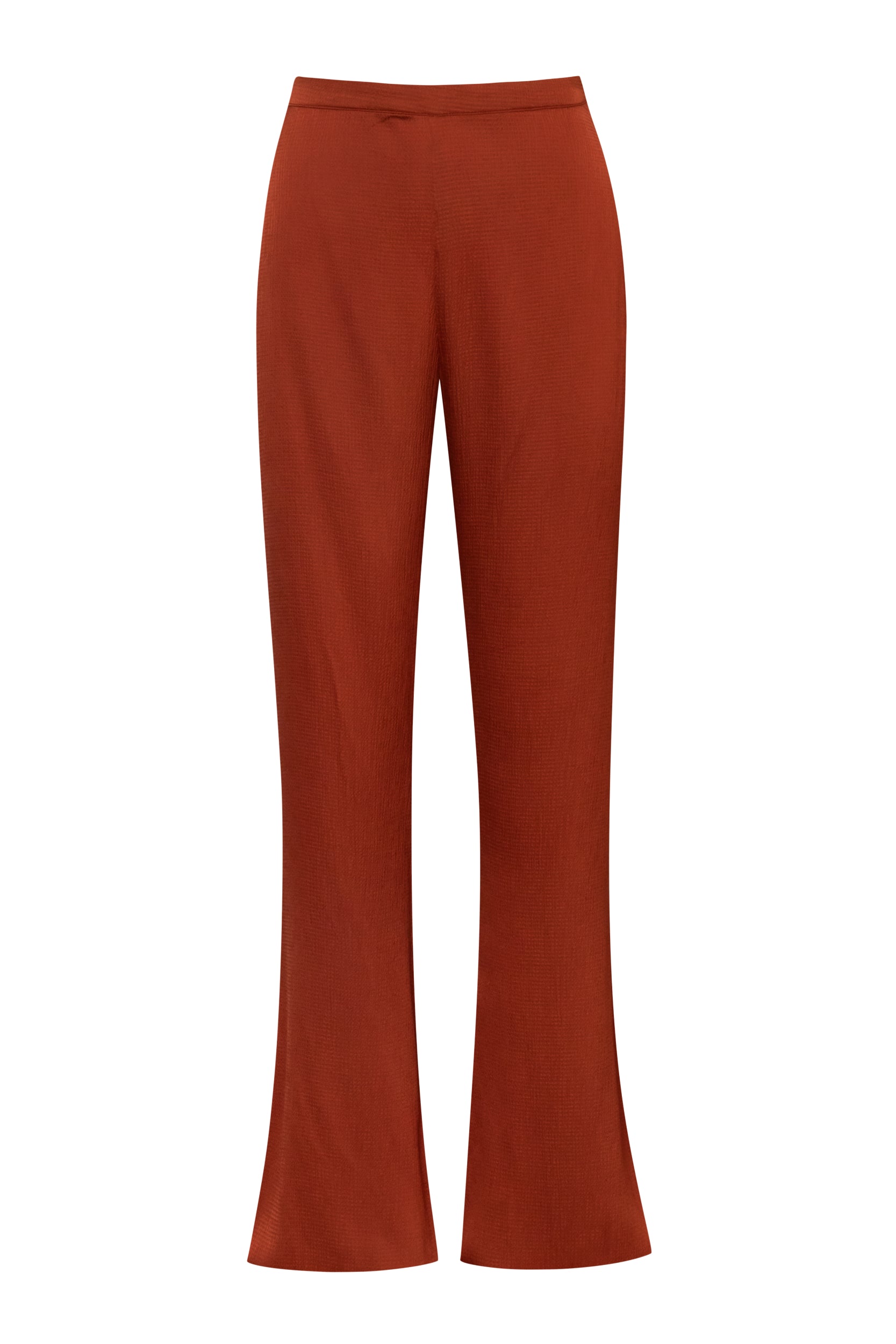 Pantalón Numa terracota con corte wide-leg, tela texturizada y cremallera lateral.