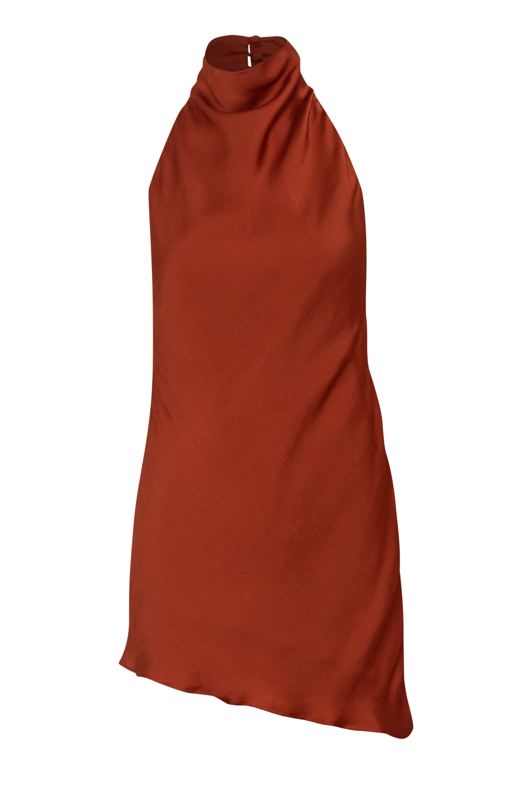 Top Numa terracota con escote halter, tela texturizada y corte asimétrico.
