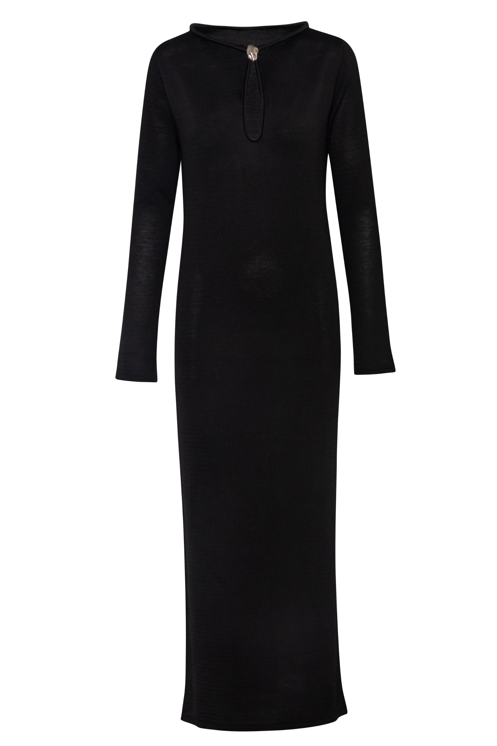 Vestido Ramila negro, vista frontal completa con mangas largas y tejido de punto.