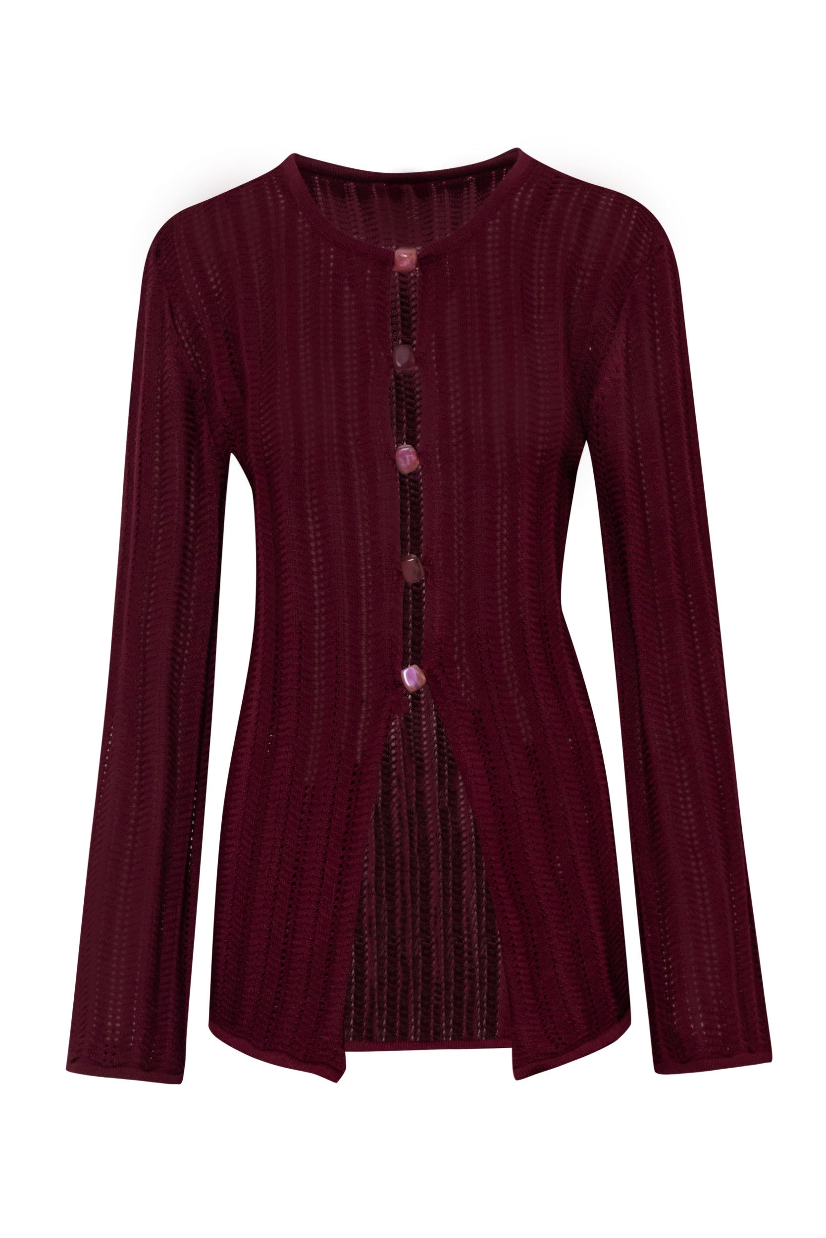 Top Corsica burgundy, vista frontal con abertura decorativa y mangas largas.
