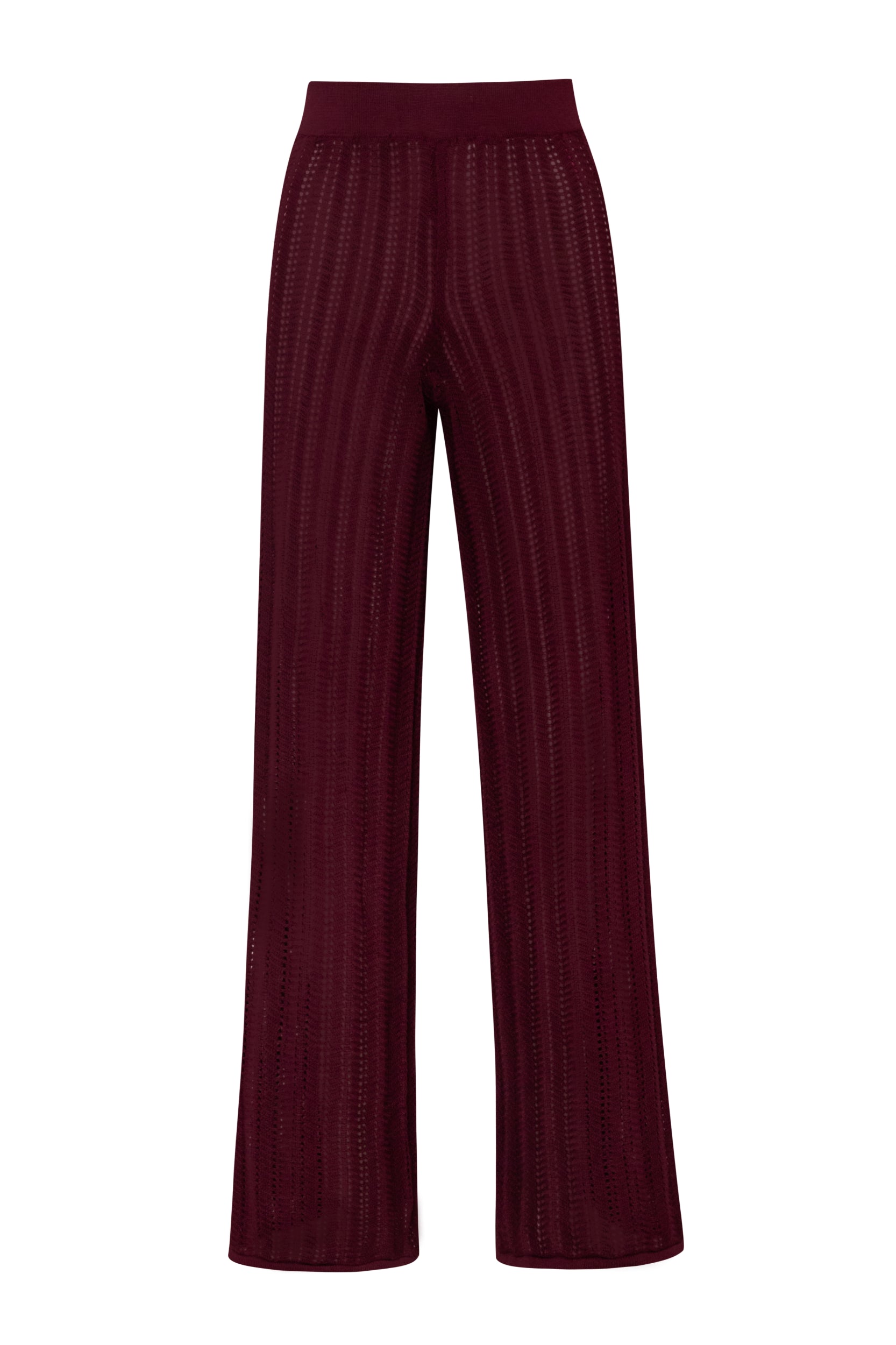 Pantalón Corsica burgundy, vista frontal con cintura elástica y caída estructurada.