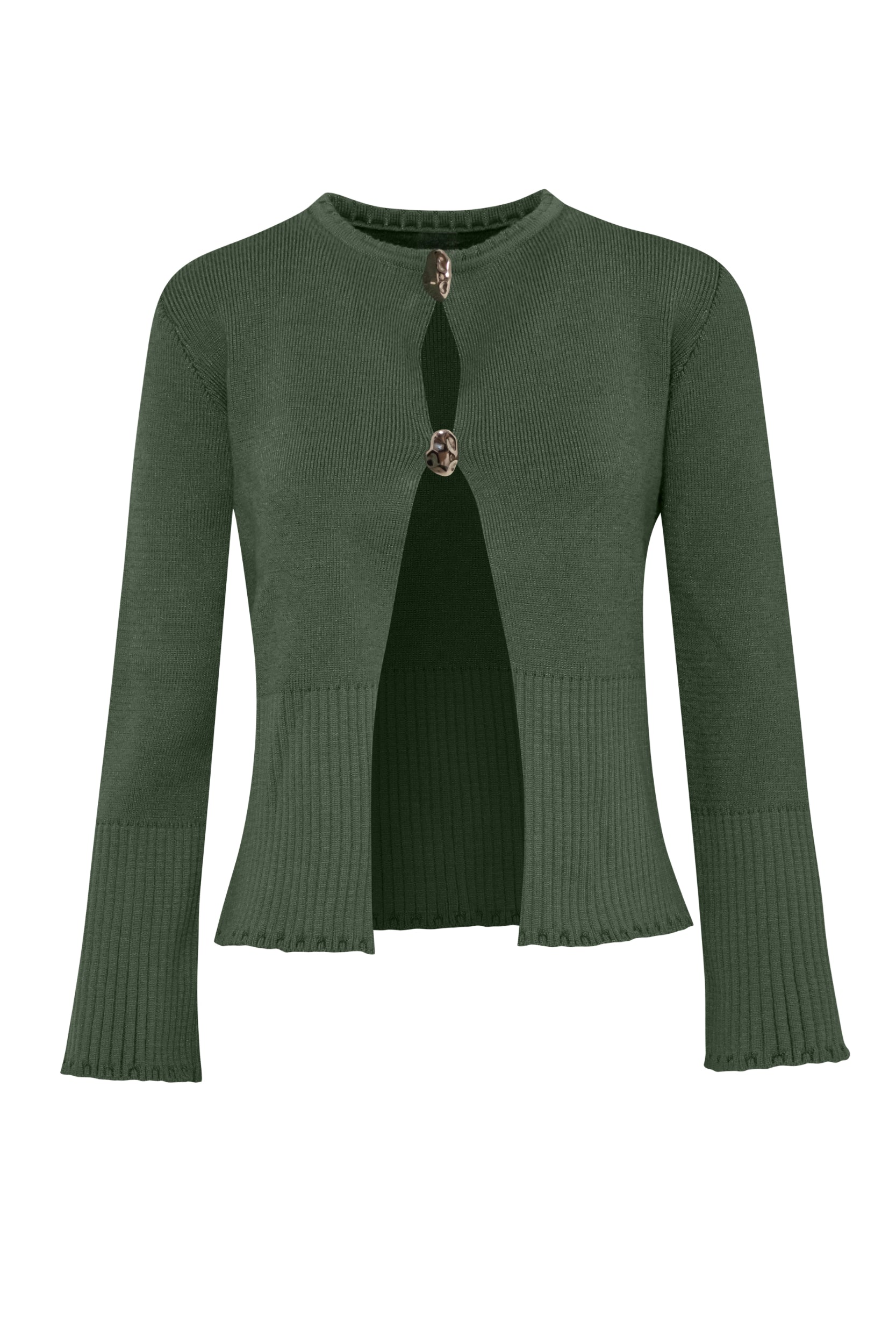 Sweater Meraky sage green, vista frontal con abertura en pecho y tejido de punto.