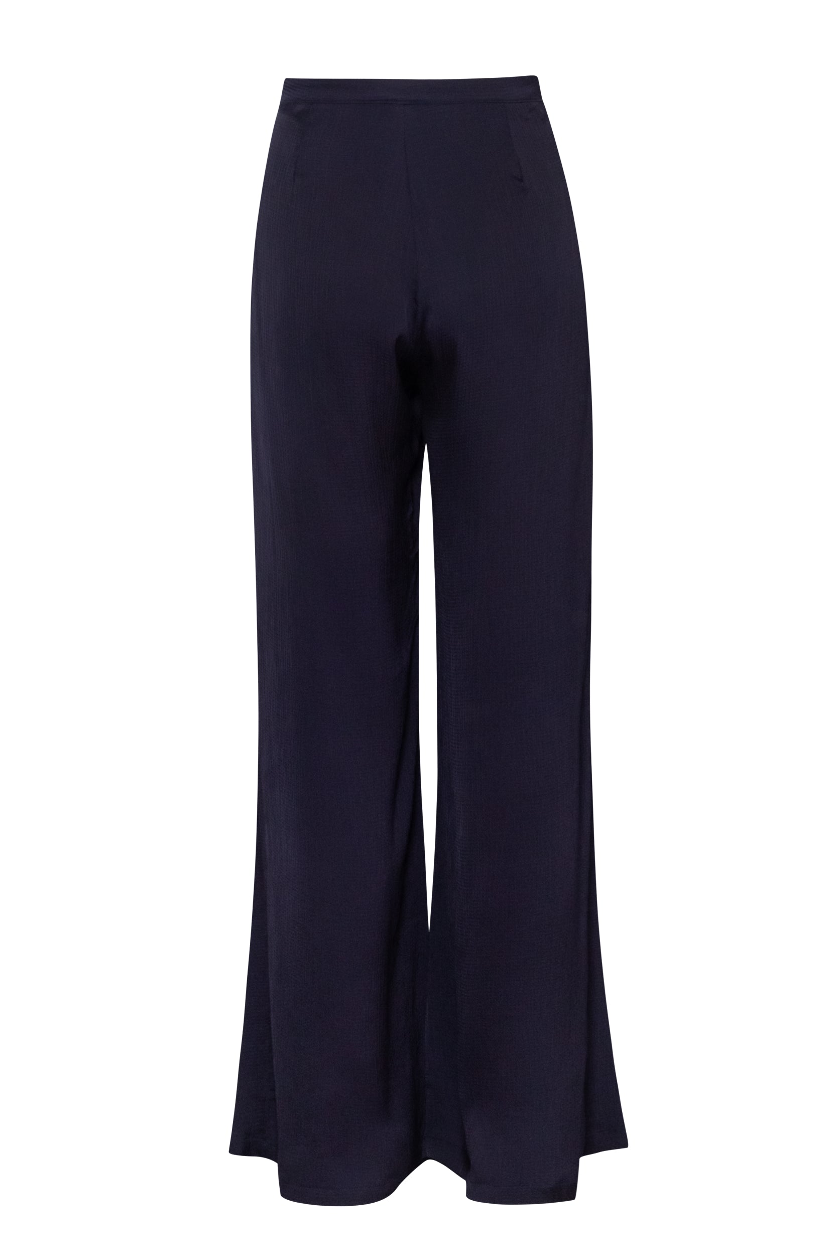 Pantalón Ferrat night blue, corte wide-leg con tela texturizada y cremallera lateral.