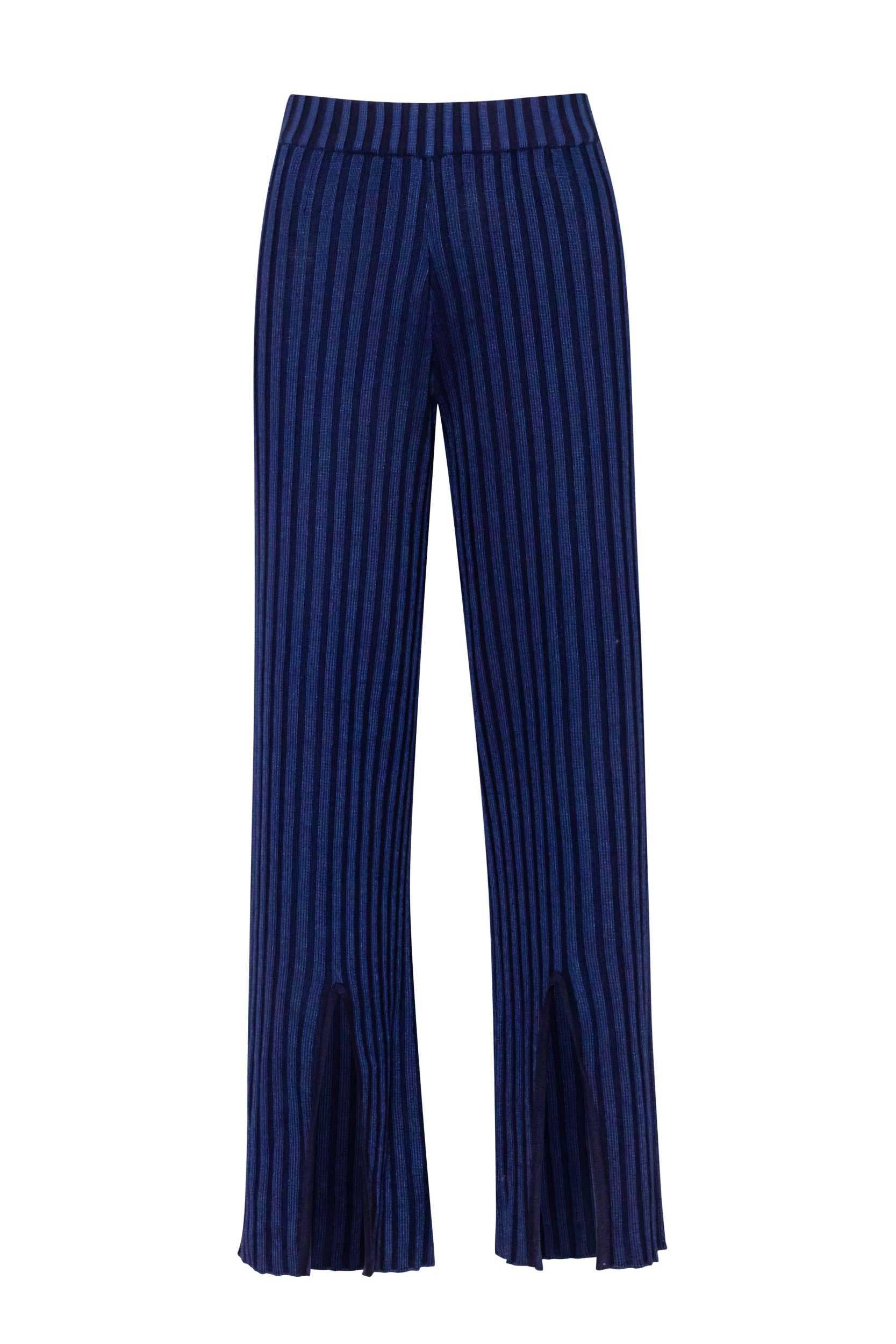 Pantalón Lotus night blue, vista frontal con cintura elástica y corte con abertura