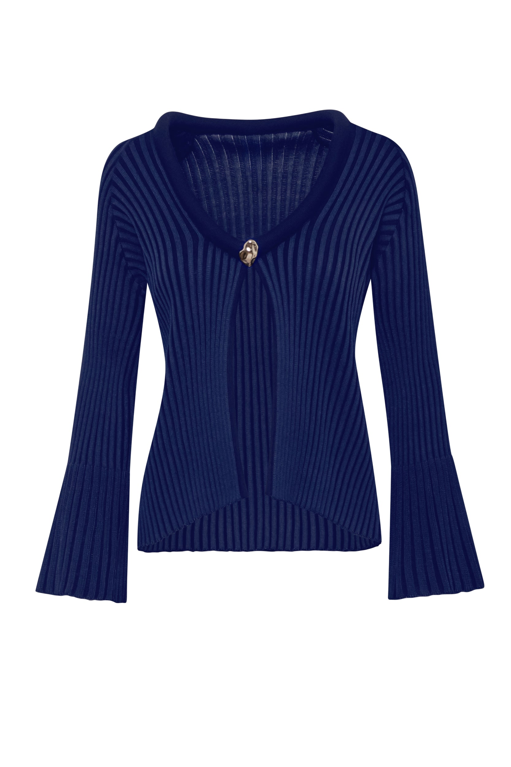 Sweater Lotus night blue, vista frontal con abertura y tejido de punto.