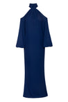 Vestido Biscay azul con hombros descubiertos, tela fluida y escote halter.