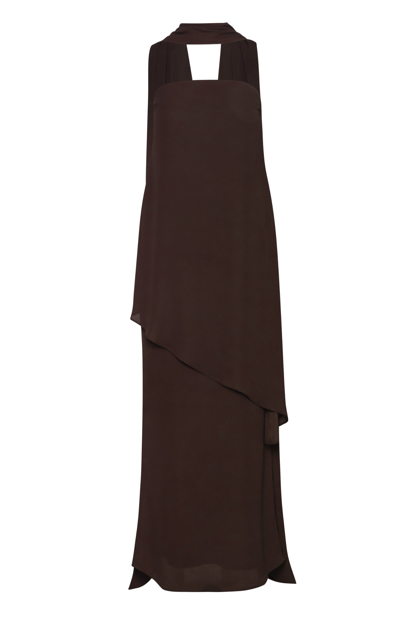 Vestido El chocolate con escote strapless, banda fluida y silueta estructurada.