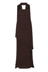 Vestido El chocolate con escote strapless, banda fluida y silueta estructurada.