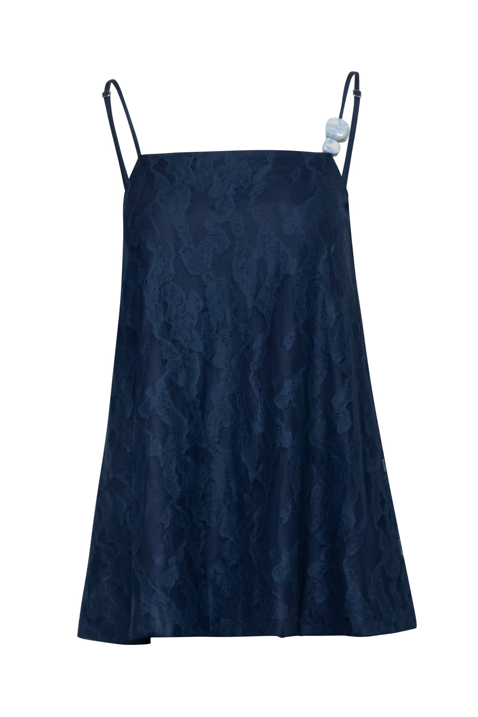 Top Porto night blue, vista frontal con bordado decorativo y forro completo.