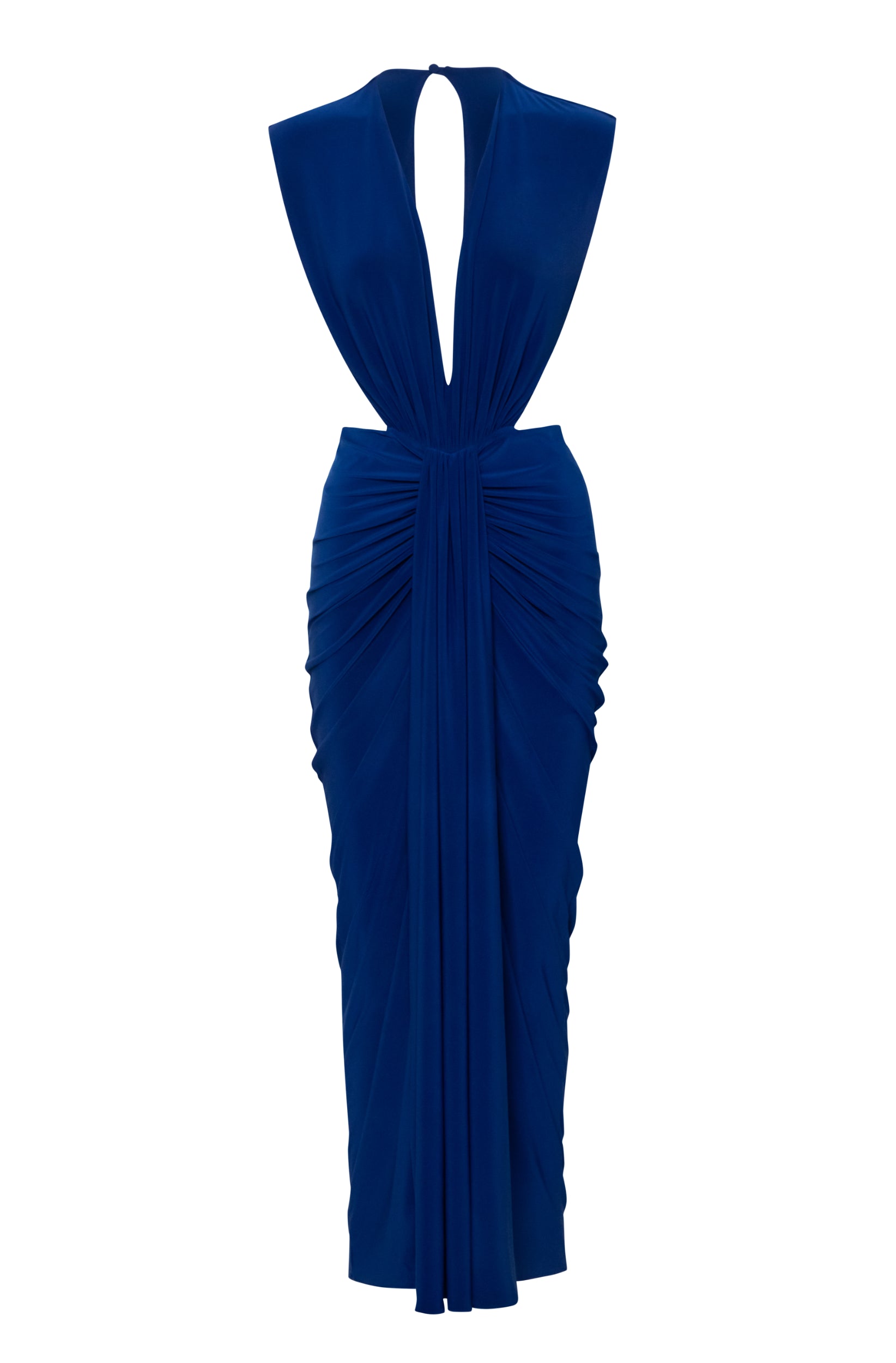 Vestido Nia royal blue con espalda descubierta, caída fluida y fruncido decorativo.