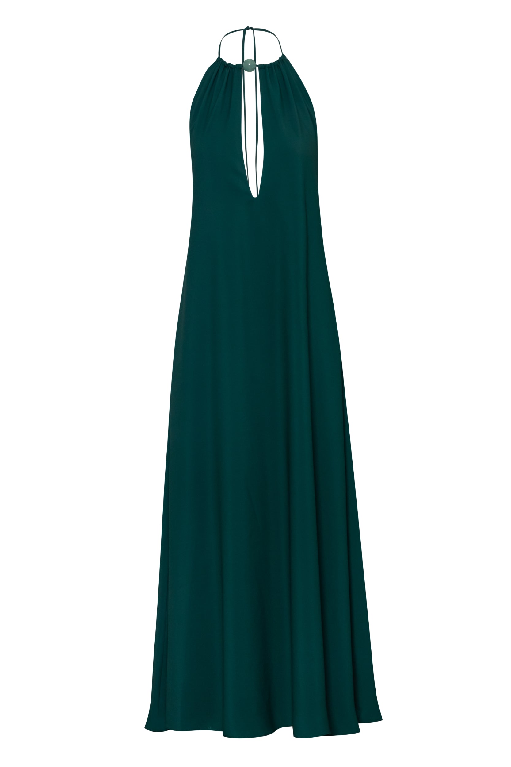 Vestido Rondine verde esmeralda con espalda descubierta, escote halter y caída fluida.