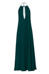Vestido Rondine verde esmeralda con espalda descubierta, escote halter y caída fluida.