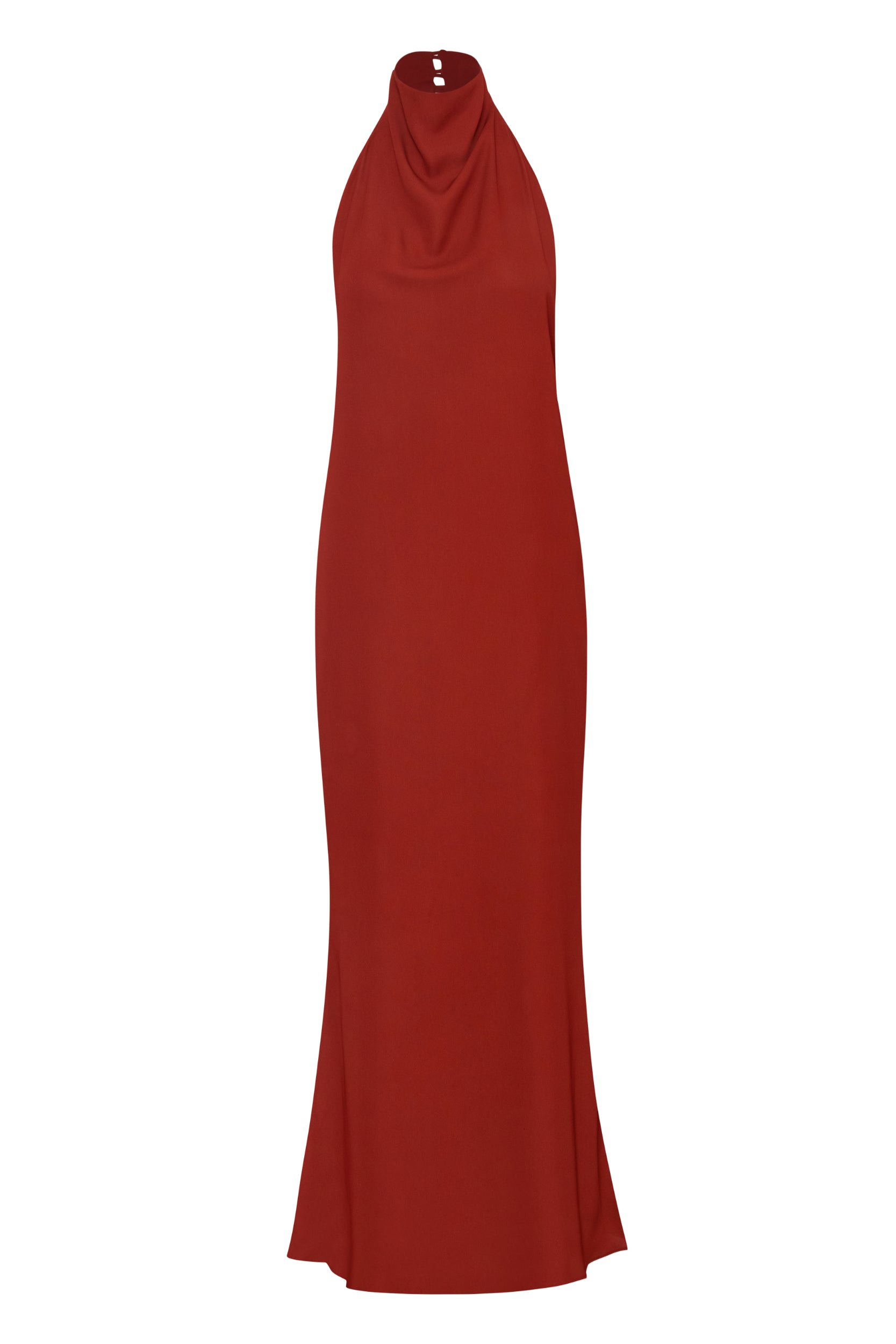 Vestido Consu terracota con escote halter, corte asimétrico y caída fluida.