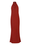 Vestido Consu terracota con escote halter, corte asimétrico y caída fluida.