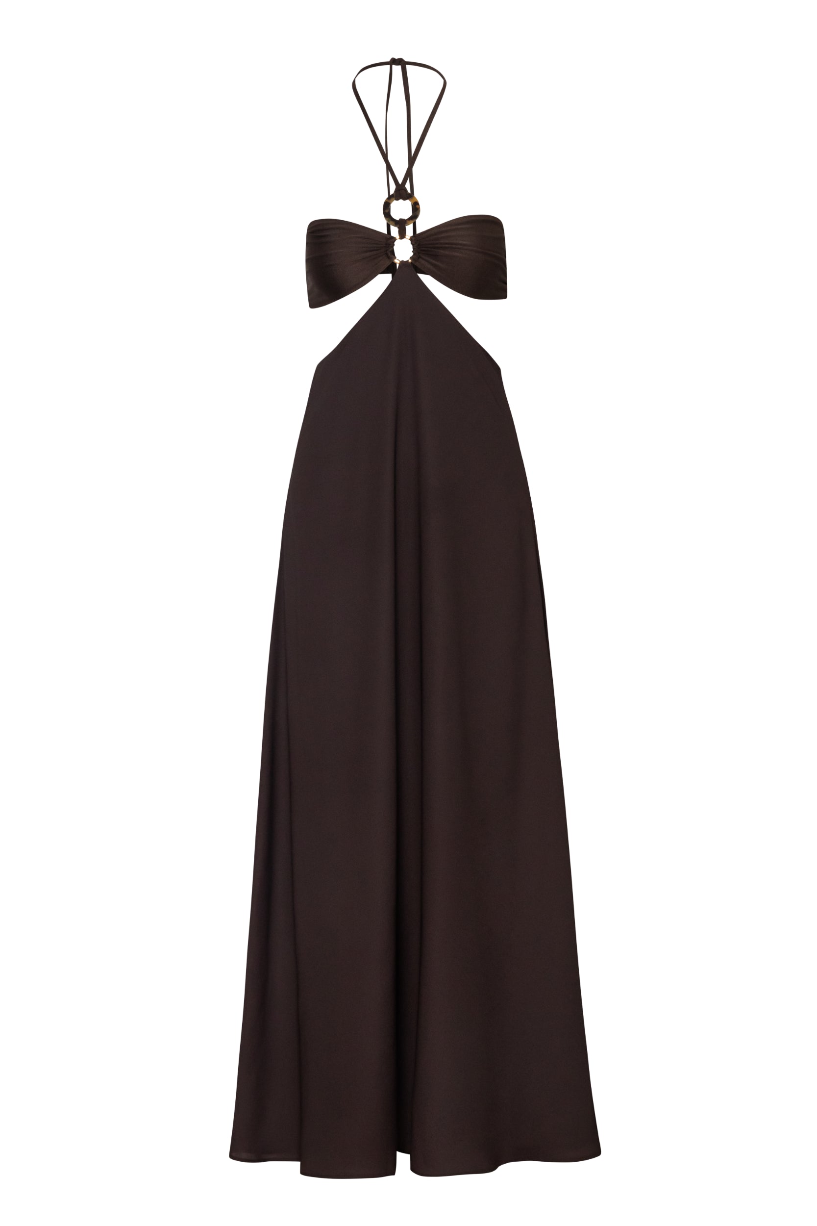 Vestido Yvon mocha mane, vista frontal completa con caída fluida y silueta elegante.
