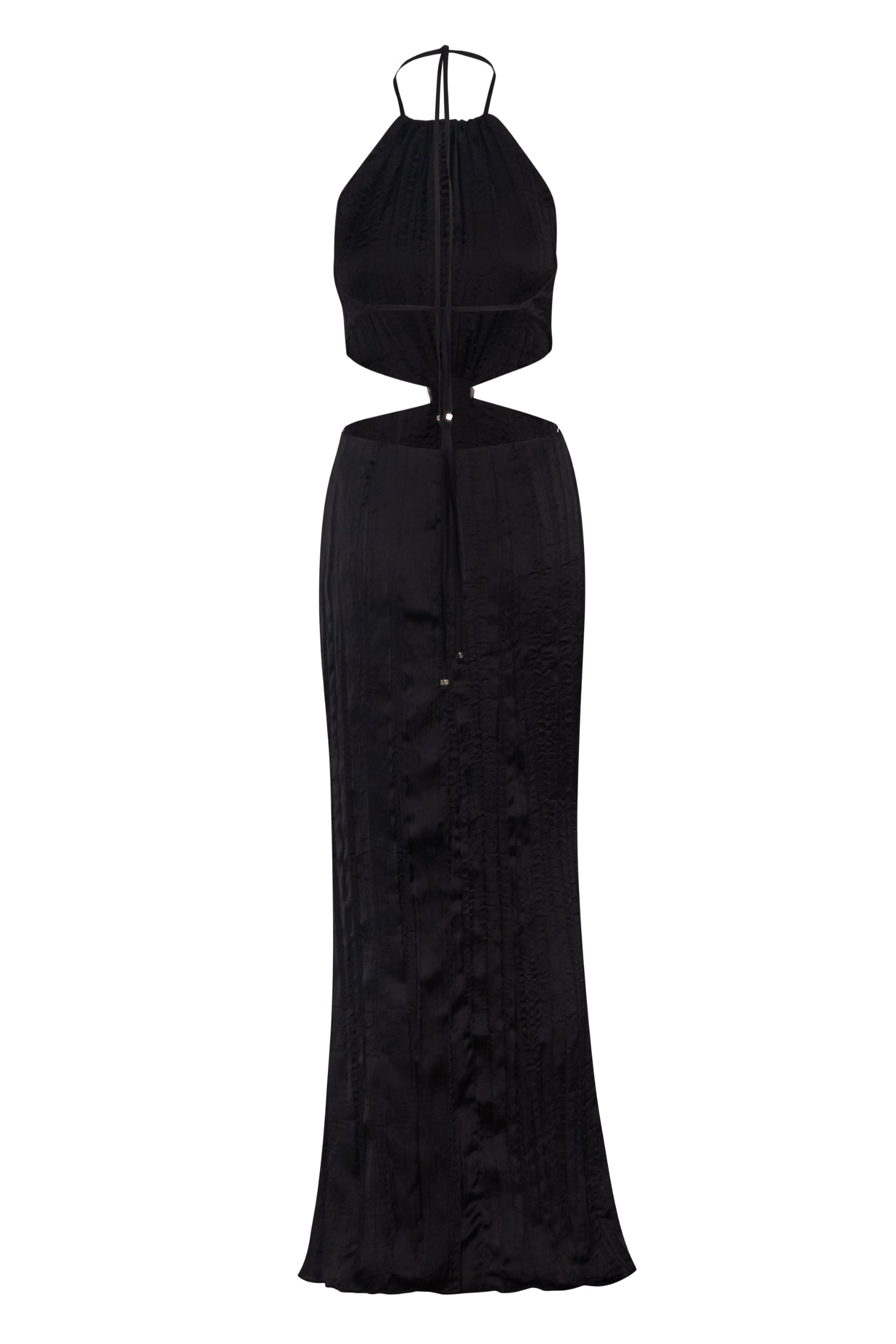 Vestido Lexi de Baobab, vista lateral con escote halter y detalle metálico en cintura.