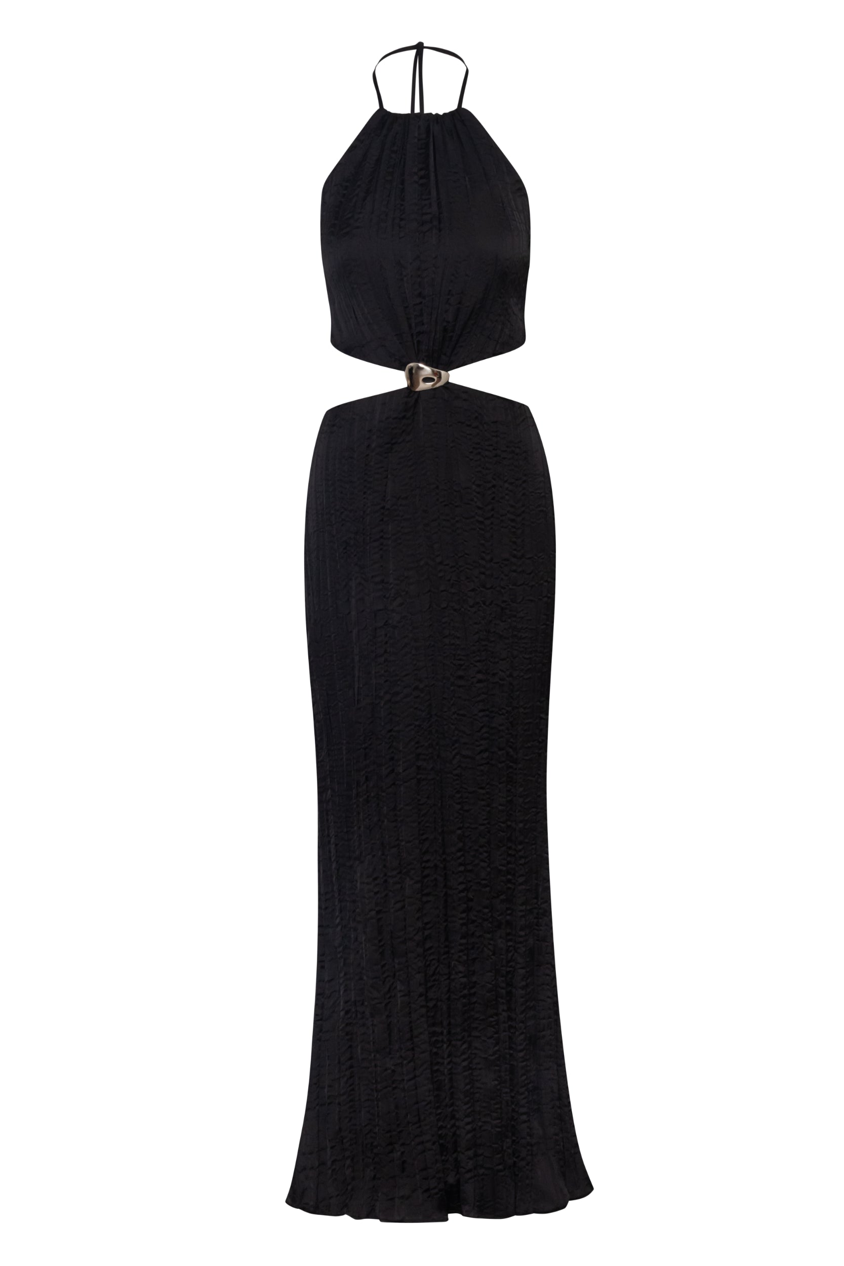 Vestido Lexi negro con espalda descubierta, tela texturizada y caída fluida.