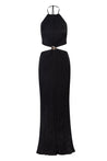 Vestido Lexi negro con espalda descubierta, tela texturizada y caída fluida.