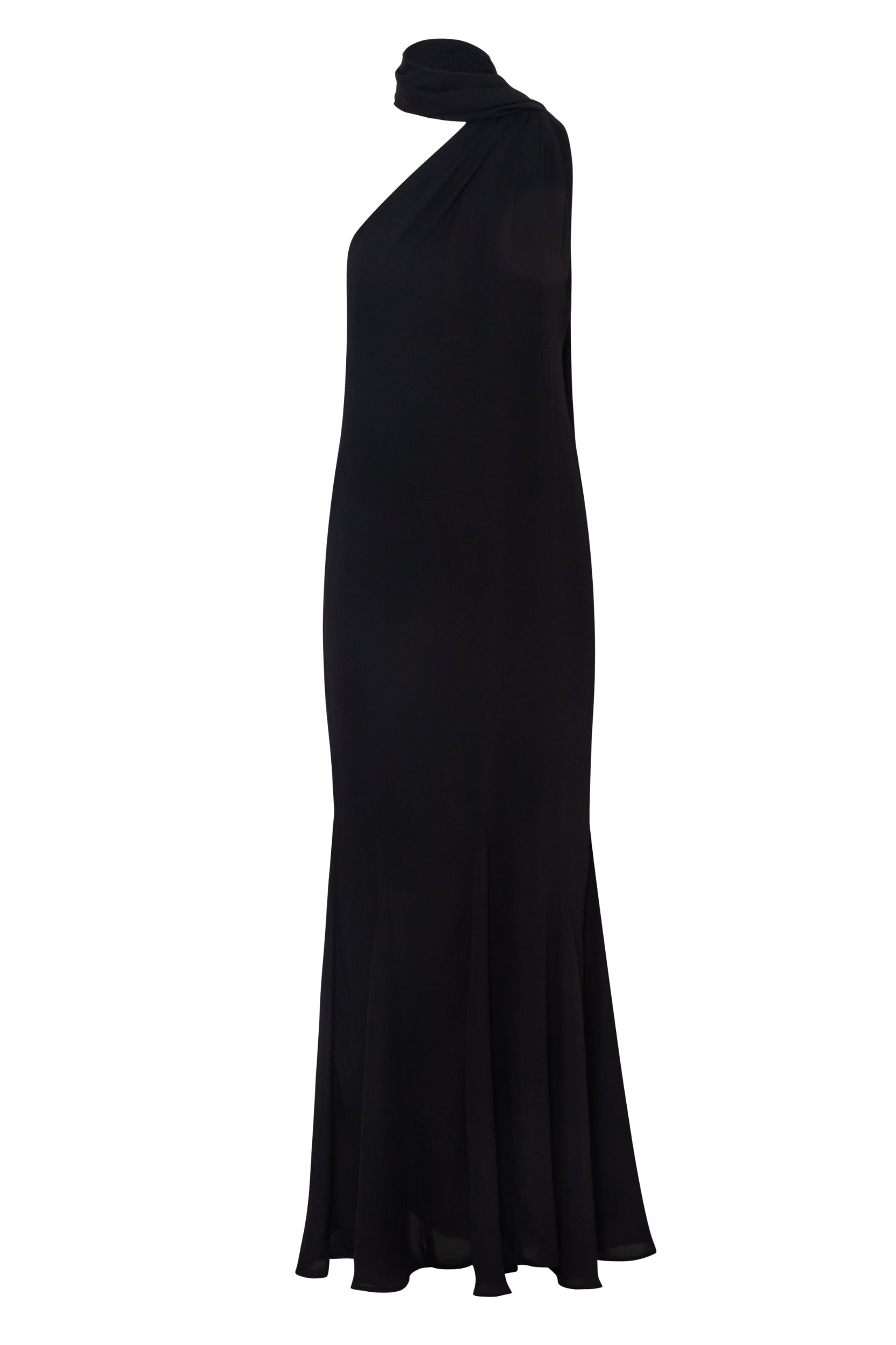 Vestido Ari negro con escote asimétrico, detalle de banda decorativa y espalda descubierta.