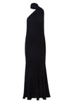 Vestido Ari negro con escote asimétrico, detalle de banda decorativa y espalda descubierta.